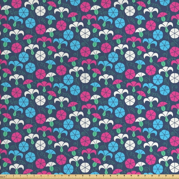 Flower Fabric by the Yard Upholstery, Colorful Silhouettes of Bindweed with Ornate Swirls and Curls on a Dark Background, Decorative Fabric for DIY and Home Accents, Multicolor by Ambesonne