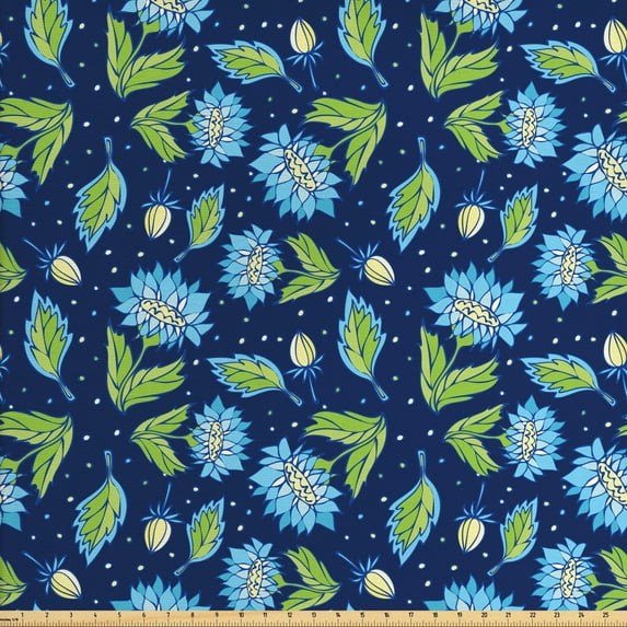 Flower Fabric by the Yard Upholstery, Floral Burgeoning in Vibrant Colors, Decorative Fabric for DIY and Home Accents, Night Blue Lime Green by Ambesonne