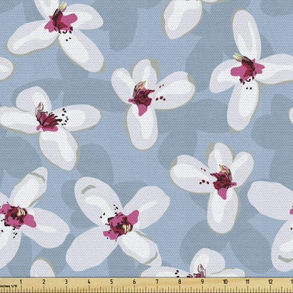 Flower Fabric by the Yard Upholstery, Floral Design Pattern of Abstract Simplistic Orchids, Decorative Fabric for DIY and Home Accents, Pale Sky Blue Multicolor by Ambesonne