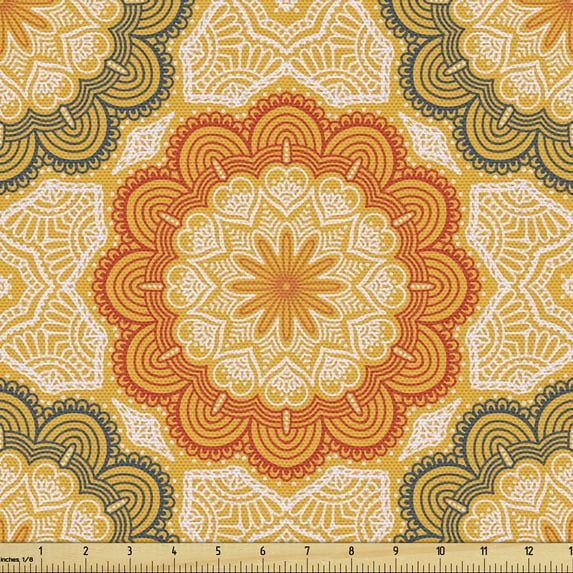 Flower Fabric by the Yard Upholstery, Ornamental Lace like Blossoms of Mandala Heart Shaped Illustration, Decorative Fabric for DIY and Home Accents, Marigold White and Vermilion by Ambesonne