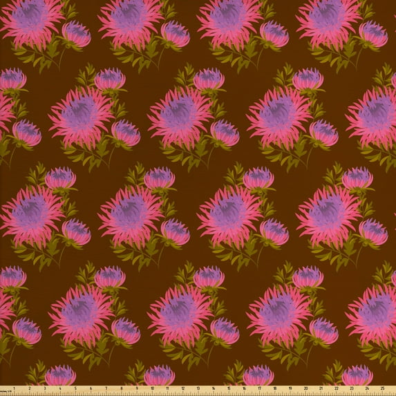 Flower Fabric by the Yard, Vintage Autumn Flora Chrysanthemum Repetitive Motif Botanical Pattern, Upholstery Fabric for Dining Chairs Home Decor Accents, Fawn Redwood and Pink by Ambesonne