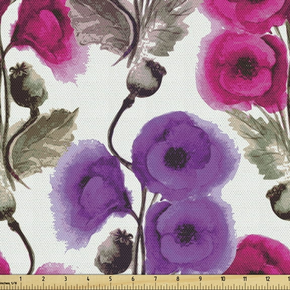Flower Fabric by the Yard, Watercolor Floral Pattern with Poppies Spring Vintage Theme Fine Art, Upholstery Fabric for Dining Chairs Home Decor Accents, 10 Yards, Multicolor by Ambesonne