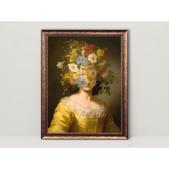 Flower Face Victorian Lady Vintage Eclectic Wall Art Altered Vintage Portrait Collage Baroque Aesthetic Style One, Unframed Paper Print