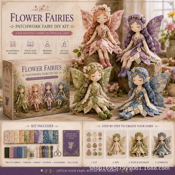 Flower Fairies Patchwork DIY Kit, Make 4 Winged Cloth Fairy Dolls, Handmade Sewing Craft Kit, Fabric Fairy Doll Making Set, Creative Home Decor Gift for Craft Lovers