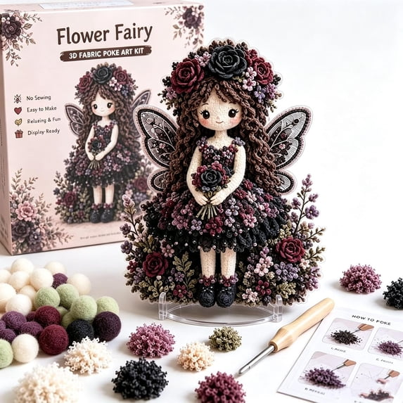 Flower Fairy 3D Fabric Poke Art Kit, Flower Fairy Doll Punch Needle Kit for Adults, DIY Handmade Embroidery Craft Set with Punch Tool, Flocking Materials Instruction Paper, Relaxing Art Craft Gift,B2