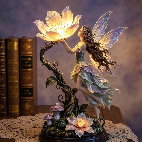 Flower Fairy Accent Lamp, Resin Forest Fairy Vine Mushroom Statue Light Desktop Night Light, Enchanted Fairy Tale Lamp for Bedroom Living Room Decor