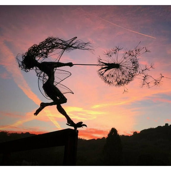 Flower Fairy Dancing with Dandelion Garden Art Sculpture Stainless Steel Statue, Garden Sculptures & Statues Dancing Flower Fairy Decoration for Outdoor Yard Courtyard Lawn Patio,D