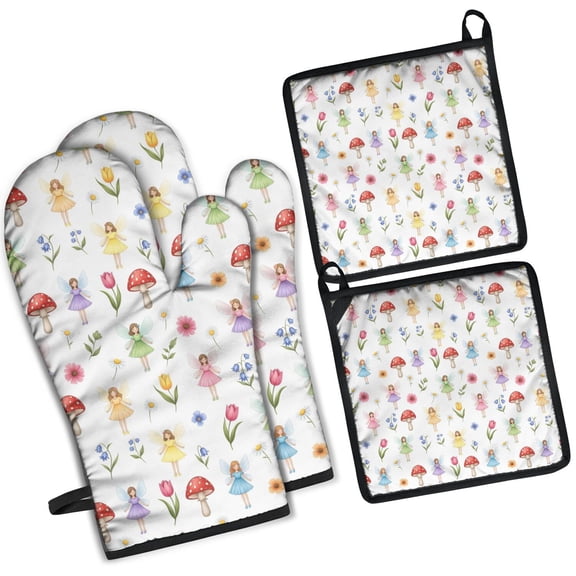 Flower Fairy Princess Pattern Kitchen Oven Mitt and Pot Holder Sets 2 Pcs for Baking, Cooking and Grilling, Heat Resistant Up To 392 °F