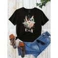 thumbnail image 1 of Flower & Feather Print T-shirt, Casual Short Sleeve Crew Neck T-shirt For Spring & Summer, Women's Clothing, 1 of 7