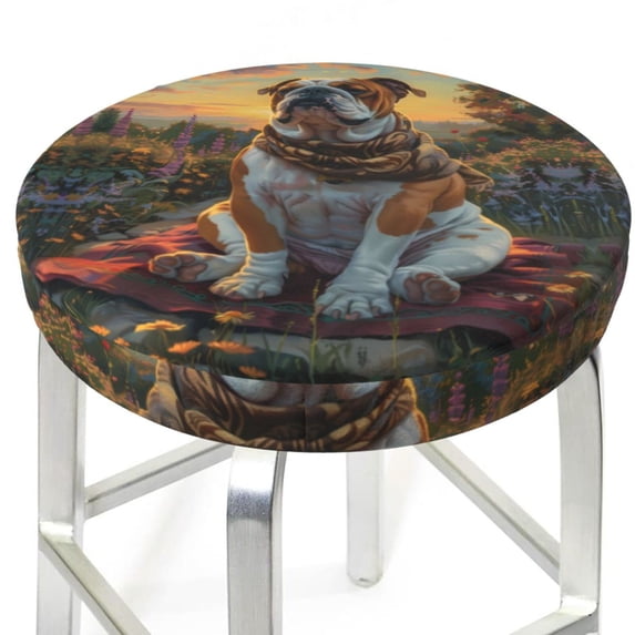 Flower Field Cute Bulldog Round Bar Stool Seat Covers, Elastic Round Chair Cover Stool Seat Slipcover Bar Stool Cushions Round Pad for 12-14 inch