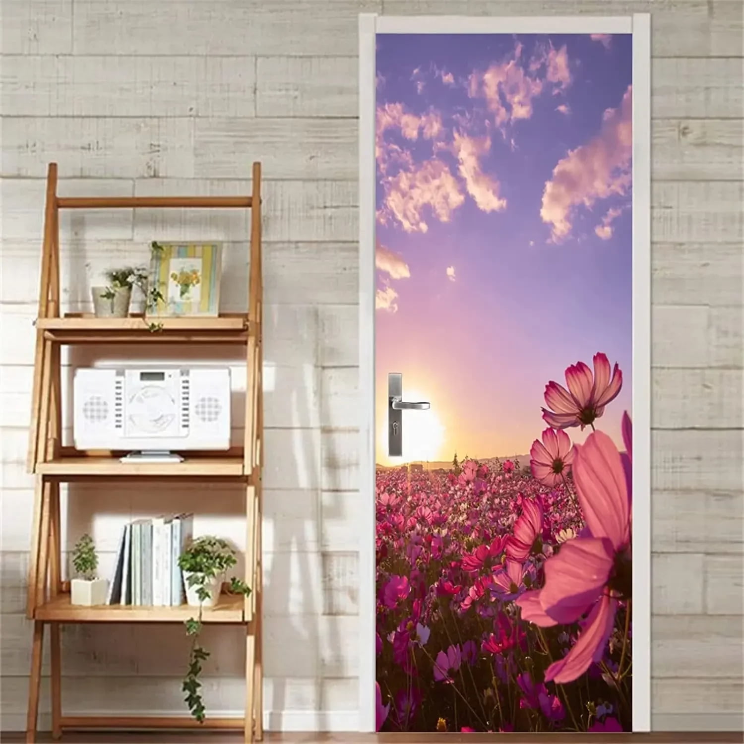 Flower Field Mountain Door Stickers Sunlight Floral Door Decals Natural ...