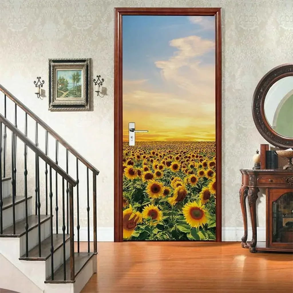 Flower Field Mountain Door Stickers Sunlight Floral Door Decals Natural ...