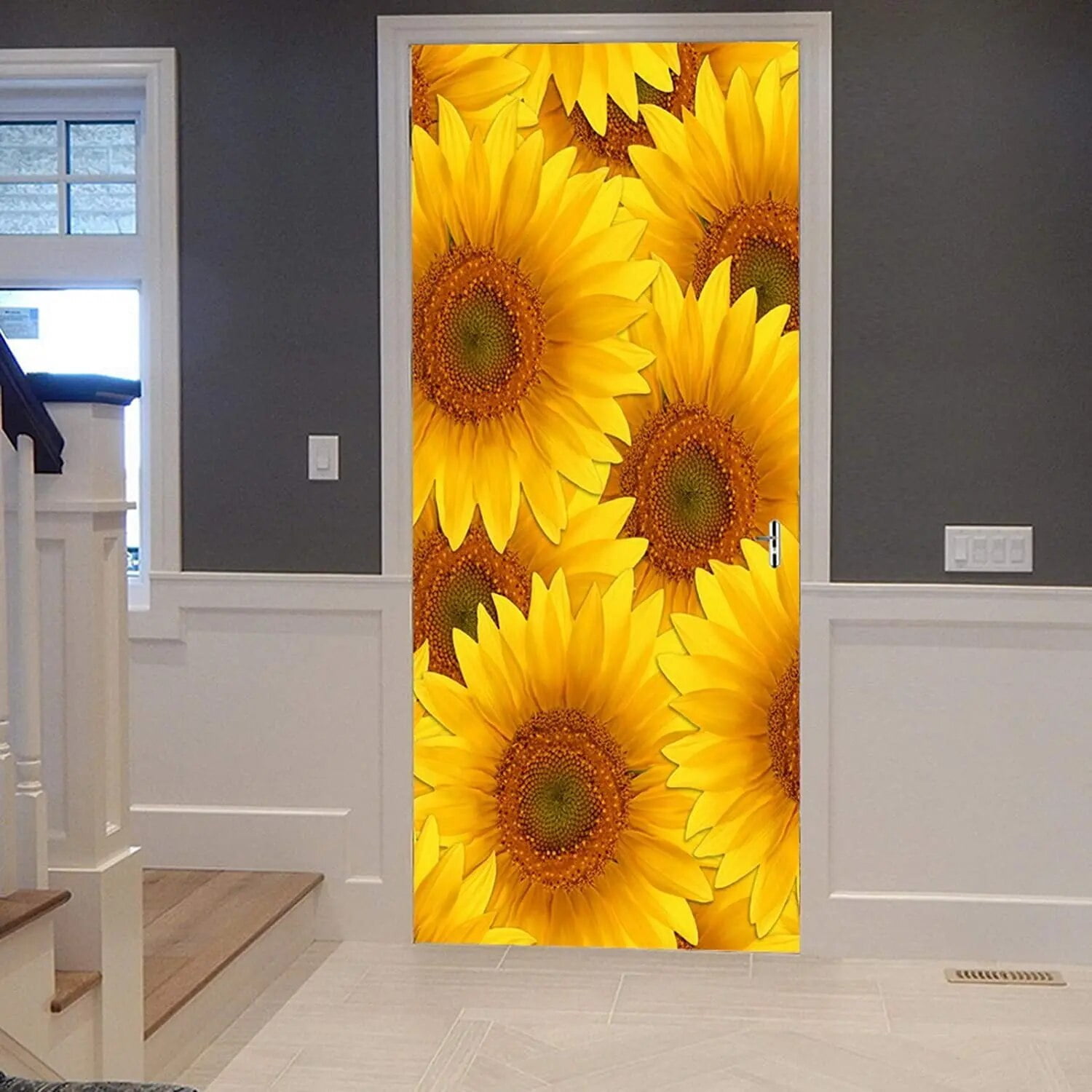 Flower Field Mountain Door Stickers Sunlight Floral Door Decals Natural Scenery Mural Wallpaper