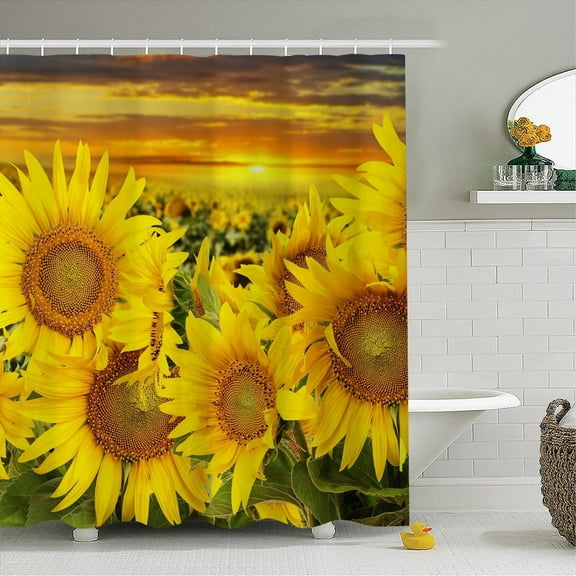 Flower Field Shower Curtain for Bathroom Yellow Sunflowers Green Leaves Botanical Plants Bathtub RV Stall Farmhouse Decor Sunset Waterproof Shower Curtains Decor 72x72inches with Hooks