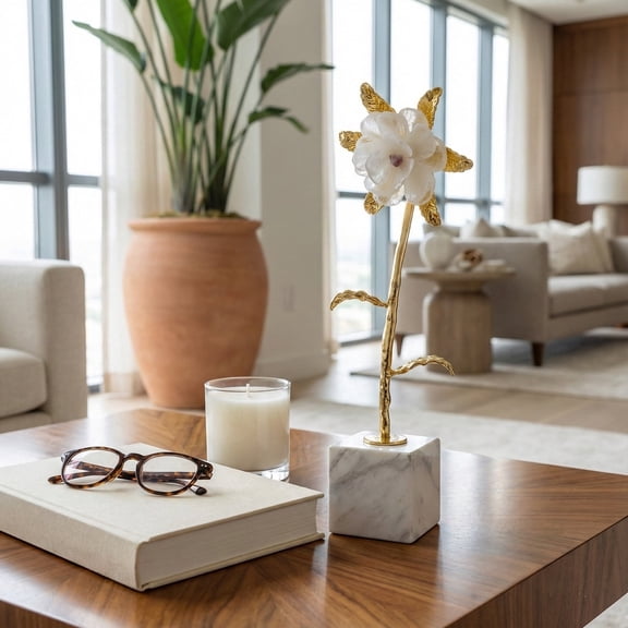 Flower Figurine Statue with Marble Base for Home and Office Decor - Sculpture Accent for Tabletop, Bathroom, Living Room, or Shelf Display - Ornament for Coffee Table Decor - 16", White & Gold