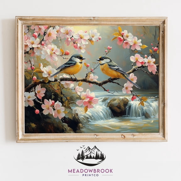 Flower Filled Wheelbarrow Vintage Garden Cottagecore Art Finch Trio In Apple Blossoms Spring Vintage Nature Art, UNFRAMED Size 30x30