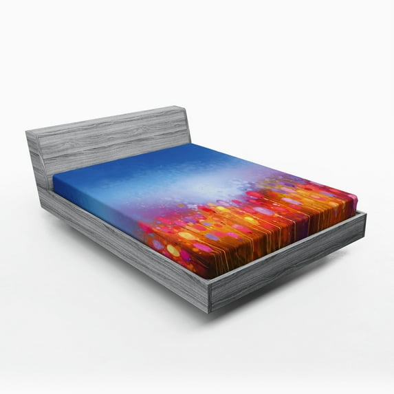 Flower Fitted Sheet, Abstract Tulip Garden Under Blue Sky in Medieval Ottoman Orient Culture, Soft Decorative Fabric Bedding, Queen Size, Multicolor, by Ambesonne