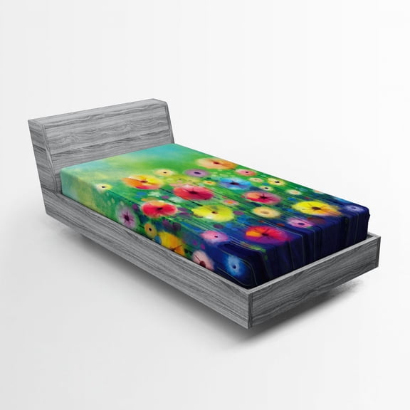 Flower Fitted Sheet Blossoming Watercolor Flowers Composition Colorful Garden Meadow Illustration, Soft Decorative Fabric Bedding, Green and Indigo, by Ambesonne