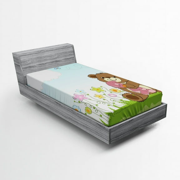 Ambesonne Flower Fitted Sheet, Cartoon Teddy Bear and, Twin Size, Multicolor
