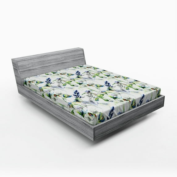 Ambesonne Floral Fitted Sheet, Pea Blossom Design, Queen Size, Green White Blue