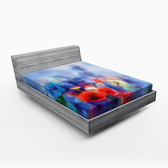 Flower Fitted Sheet, Hazy Paint of Nature Elements Botanic Floral Motives Artisan Depition of Natural Life, Soft Decorative Fabric Bedding, Full Size, Red Blue, by Ambesonne