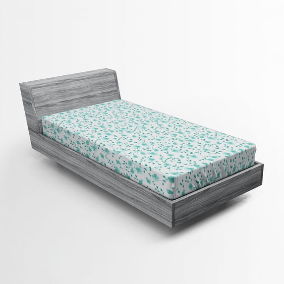 Flower Fitted Sheet Pattern with Flower Stems Blooming Springtime Simple Design Art Print, Soft Decorative Fabric Bedding, Pale Blue Teal White, by Ambesonne