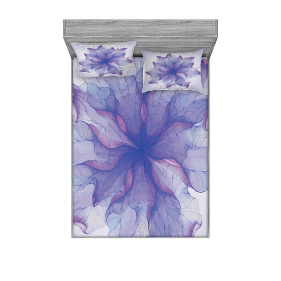 Flower Fitted Sheet & Pillow Sham Set, Blossoming Petals Pattern Watercolor Effect Floral Design, Decorative Printed 6 Piece Bedding Decor Set, Full, Purple Dark Purple, by Ambesonne