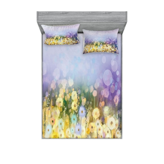 Flower Fitted Sheet & Pillow Sham Set, Chamomile Dandelion Field Meadow Landscape in Contrasting Colors Idyllic View, Decorative Printed 6 Piece Bedding Decor Set, Calking, Yellow Purple, by Ambesonne