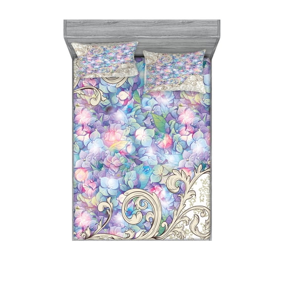 Flower Fitted Sheet & Pillow Sham Set, Colorful Hydrangeas Romantic Baroque Swirls Art Nouveau Inspired Design Print, Decorative Printed 6 Piece Bedding Decor Set, Full, Lilac and Cream, by Ambesonne