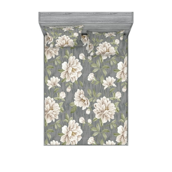 Flower Fitted Sheet & Pillow Sham Set, Grunge Inspired Spring Flower Illustration With Leaves on Weathered Back, Decorative Printed 3 Piece Bedding Decor, Full, Peacock Green Cream, by Ambesonne
