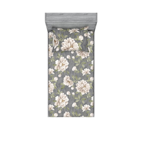 Flower Fitted Sheet & Pillow Sham Set, Grunge Inspired Spring Flower Illustration With Leaves on Weathered Back, Decorative Printed 2 Piece Bedding Decor, Twinxl, Peacock Green Cream, by Ambesonne