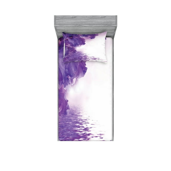 Flower Fitted Sheet & Pillow Sham Set, Iris Flowers Petals Against the Water River Nature Image, Decorative Printed 4 Piece Bedding Decor Set, Twinxl, Violet White, by Ambesonne