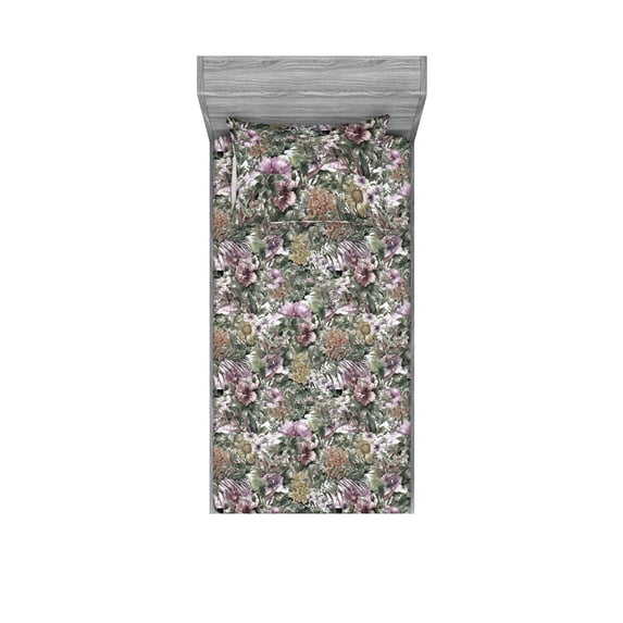 Flower Fitted Sheet & Pillow Sham Set, Leaves and Blossoming Petals of a Spring Garden Flourishing Ornaments, Decorative Printed 2 Piece Bedding Decor, Twinxl, Grey Pink and Sage Green, by Ambesonne