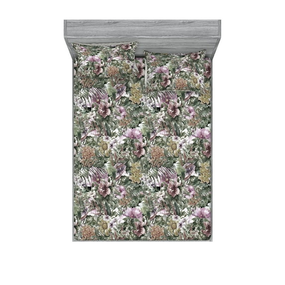 Flower Fitted Sheet & Pillow Sham Set, Leaves and Blossoming Petals of a Spring Garden Flourishing Ornaments, Decorative Printed 3 Piece Bedding Decor, Calking, Grey Pink and Sage Green, by Ambesonne