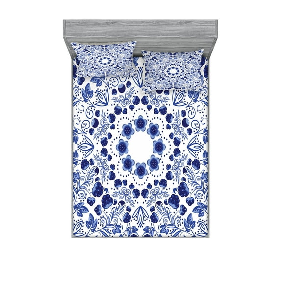 Flower Fitted Sheet & Pillow Sham Set, Middle Eastern Swirl Petals with Ottoman Folk Art Effects Boho Design, Decorative Printed 6 Piece Bedding Decor Set, King, Blue, by Ambesonne