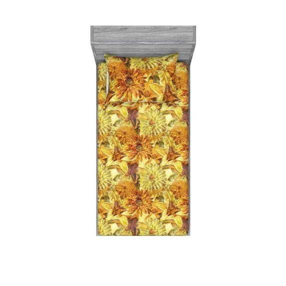 Flower Fitted Sheet & Pillow Sham Set, Retro Blooming Pattern Lilly Aster ans Gerbera in Fall Summer Colors, Decorative Printed 2 Piece Bedding Decor, Twinxl, Cinnamon Mustard and Amber, by Ambesonne