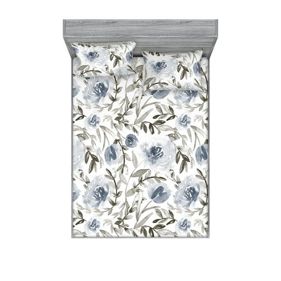 Flower Fitted Sheet & Pillow Sham Set, Simplistic Floral Branches Dusty Bluish Petals and Watercolor Leaves, Decorative Printed 3 Piece Bedding Decor, King, Taupe Grey and Slate Blue, by Ambesonne