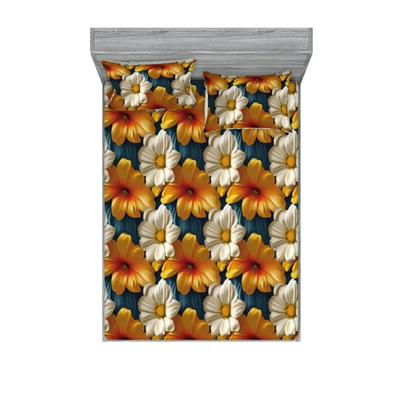 Flower Fitted Sheet & Pillow Sham Set, Summer Garden Bold Nature Beauty Petals Floral Ornament Repetition, Decorative Printed 3 Piece Bedding Decor, King, Slate Blue Orange and Ivory, by Ambesonne
