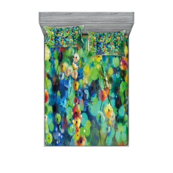 Flower Fitted Sheet & Pillow Sham Set, Vibrant Colored Blooms Clusters down from Branch Spring Season Birth Season Image, Decorative Printed 6 Piece Bedding Decor Set, Full, Green Blue, by Ambesonne
