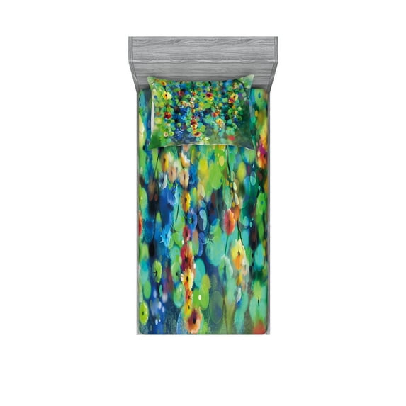 Flower Fitted Sheet & Pillow Sham Set, Vibrant Colored Blooms Clusters down from Branch Spring Season Birth Season Image, Decorative Printed 4 Piece Bedding Decor Set, Twin, Green Blue, by Ambesonne