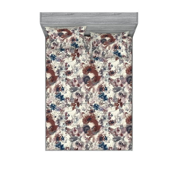 Flower Fitted Sheet & Pillow Sham Set, Watercolor Floral and Leaves Pattern Retro Concept Nostalgic Look, Decorative Printed 3 Piece Bedding Decor, Full, Ivory Pale Redwood and Blue, by Ambesonne