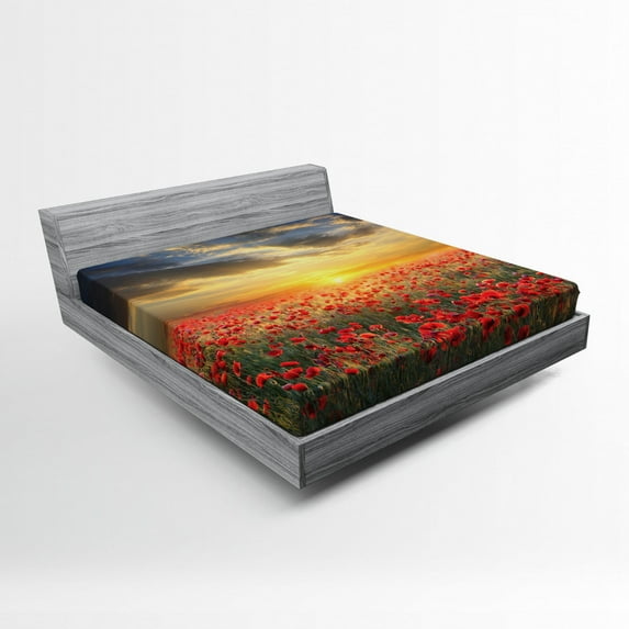 Flower Fitted Sheet, Poppy Field Sunset Sky Evening View Golden Yellow Sun Rays Dark Clouds Graphic Art, Soft Decorative Fabric Bedding, Full Size, Multicolor, by Ambesonne