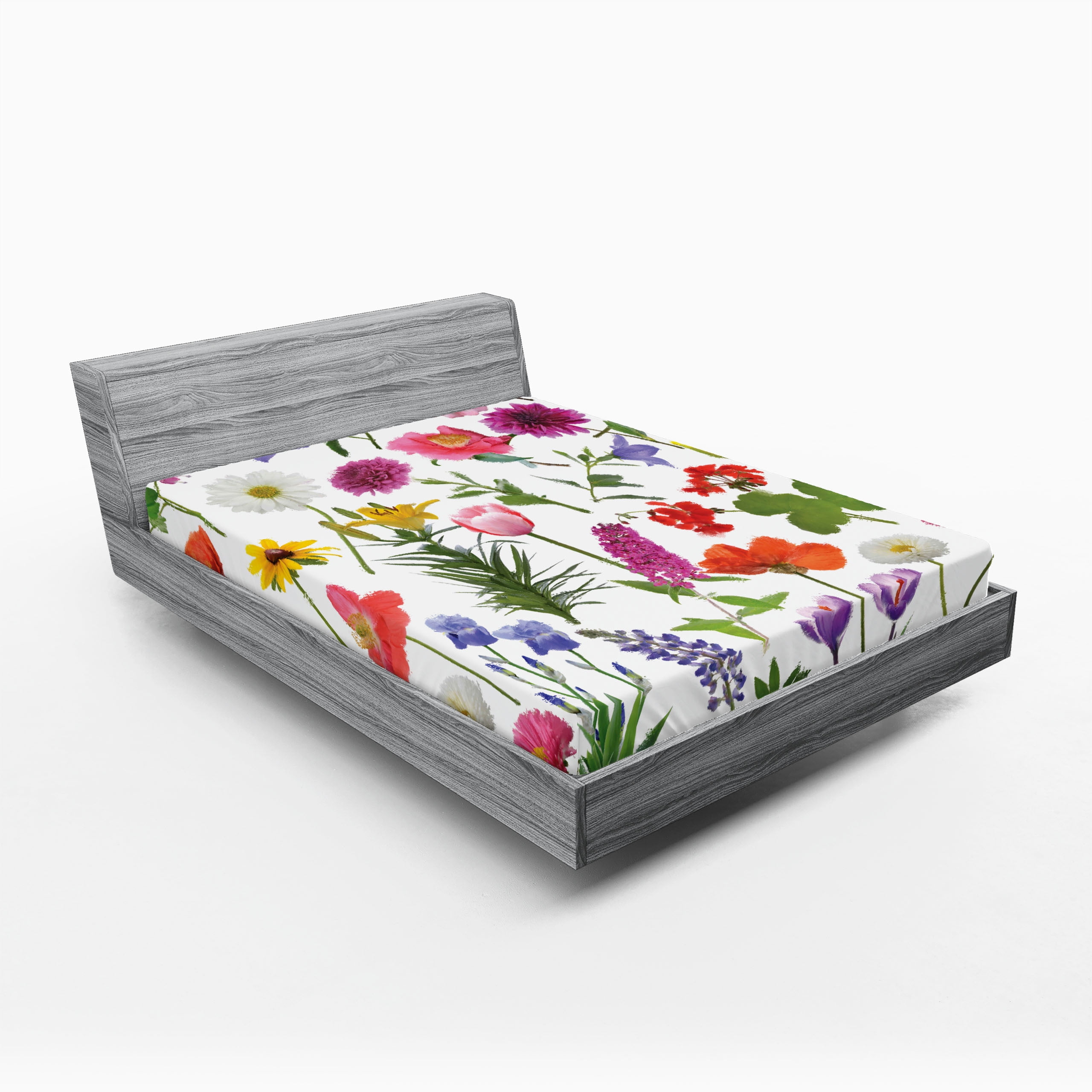 Flower Fitted Sheet, Types of Flowers Vivid Colored Roses Tulips Daisies Hydrangeas Lilacs