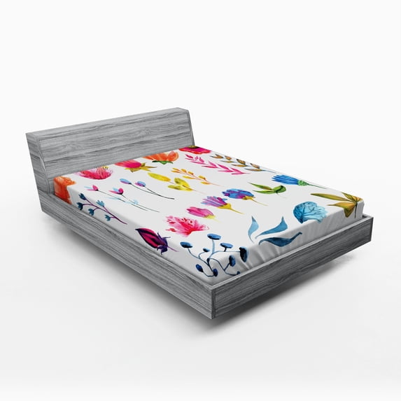 Flower Fitted Sheet, Watercolor Style Flowers Tulips Roses Colored Leaves Garden Plants Design Print, Soft Decorative Fabric Bedding, Full Size, Multicolor, by Ambesonne