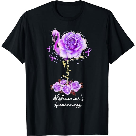 Flower Flamingo Hope Purple Ribbon Alzheimer's Awareness T-Shirt