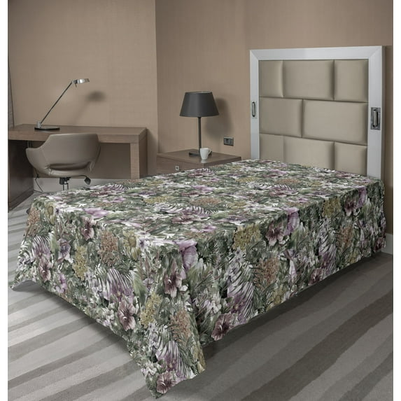 Ambesonne Flower Flat Bedding Sheet Soft Top Sheet, Leaves Blossoming Petals Art, Twin, Grey Pink and Sage Green