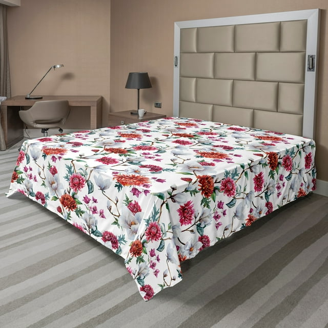 Flower Flat Sheet, Romantic Magnolia and Chrysanths Moms Flowering Plants English Petals Design