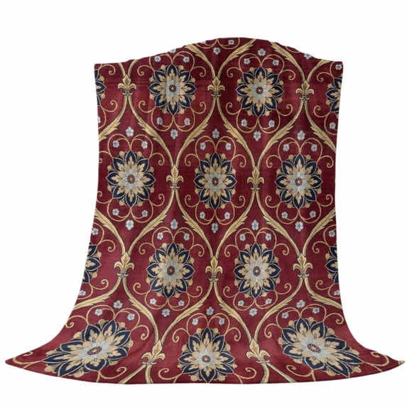 Flower Fleece Throw Blanket Deep Red Vintage Damask Pattern Classic Floral Country Ultra Soft Fuzzy Cozy Flannel Throw Blanket for Couch Sofa Bed Car Travel, Ideal Gifts 40x50 Inches