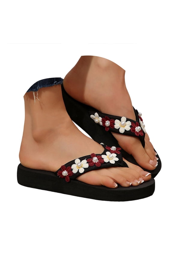 Flower Flip Flop Slip on Sandals for Women 2025 Boho Summer Beach Platform Memory Foam Flats Slides Slippers