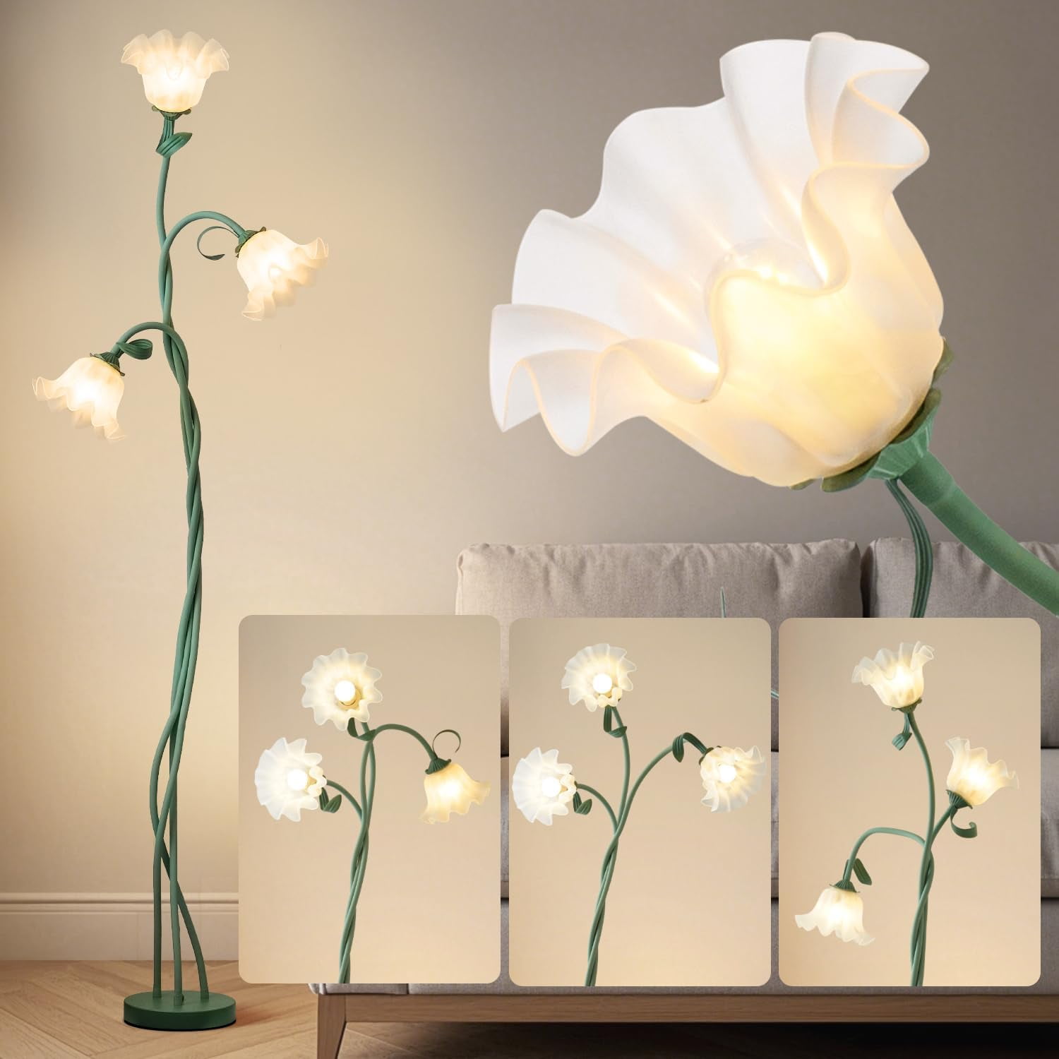 Flower Floor Lamp - Retirement Gift for Woman, LED Standing Lamp for Living Room 3 Color Modes Flexible Gooseneck Corner Light with LED Bulb for Home Bedroom Office Decor (Green)